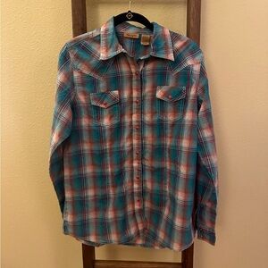 Wrangler Teal and Coral Plaid Button-Down Shirt